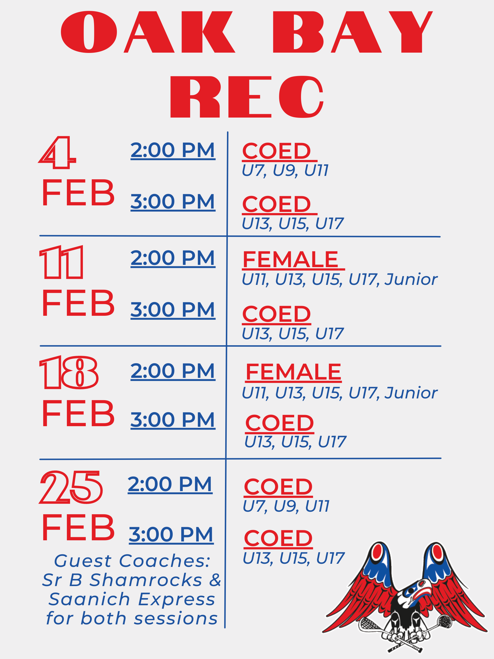 February DropIn Schedule at Oak Bay Rec Victoria Esquimalt Lacrosse